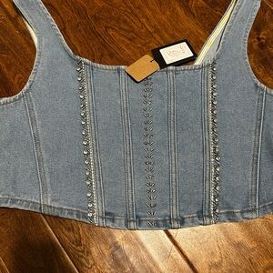 POL Denim Embellished Crop Top